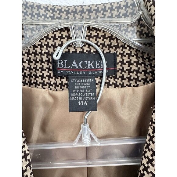 Blacker Brown Beige Houndstooth Tweed Pocket Jacket & Skirt Suit Set Sz 14W - Picture 2 of 12